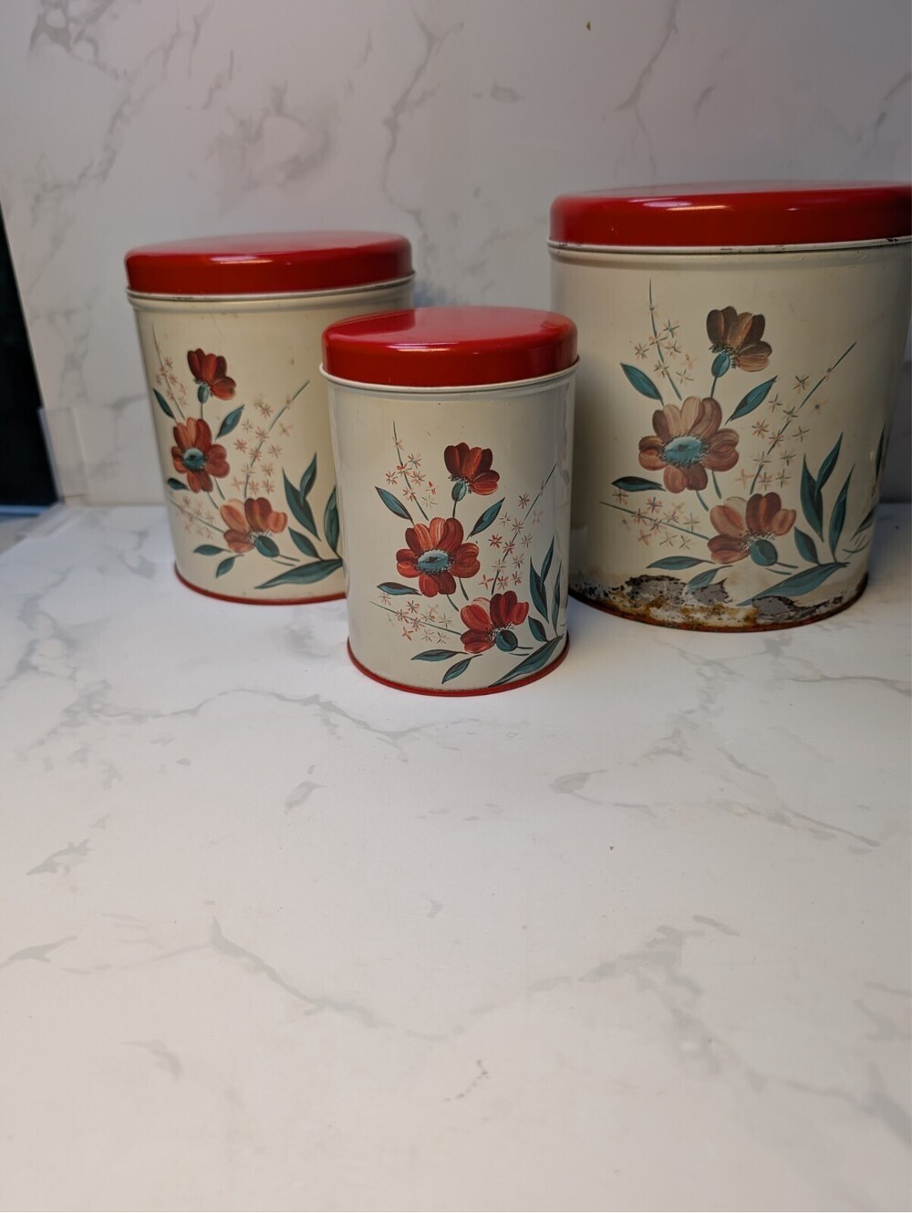 Vintage 1950s Decoware Floral Metal Canister Set of 3 Red Lids MCM USA